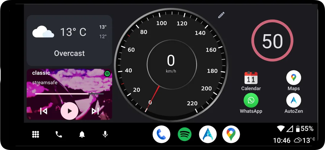 Tryb launchera AutoZen: pogoda, muzyka, prędkościomierz, ograniczenie prędkości i skróty aplikacji na jednym pulpicie