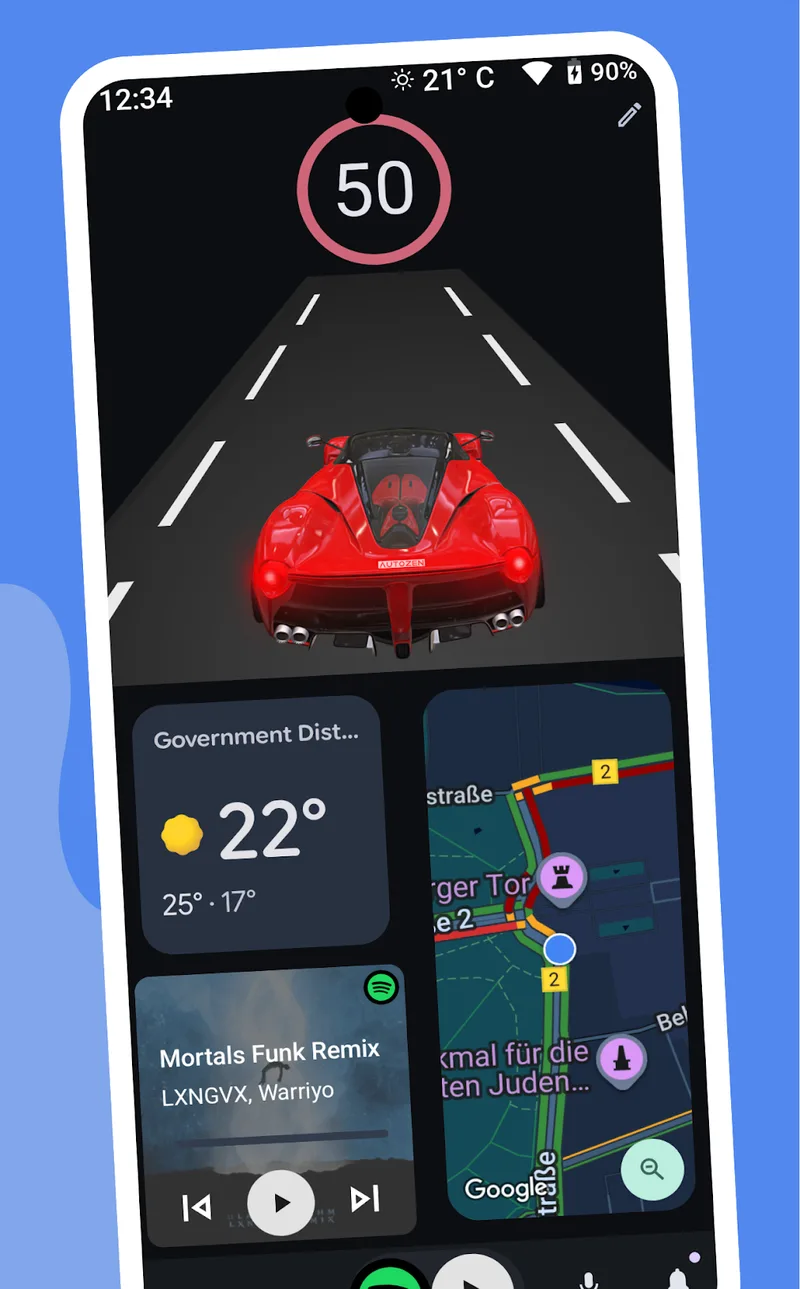 Launcher AutoZen z widżetami pogody, muzyki i mapy